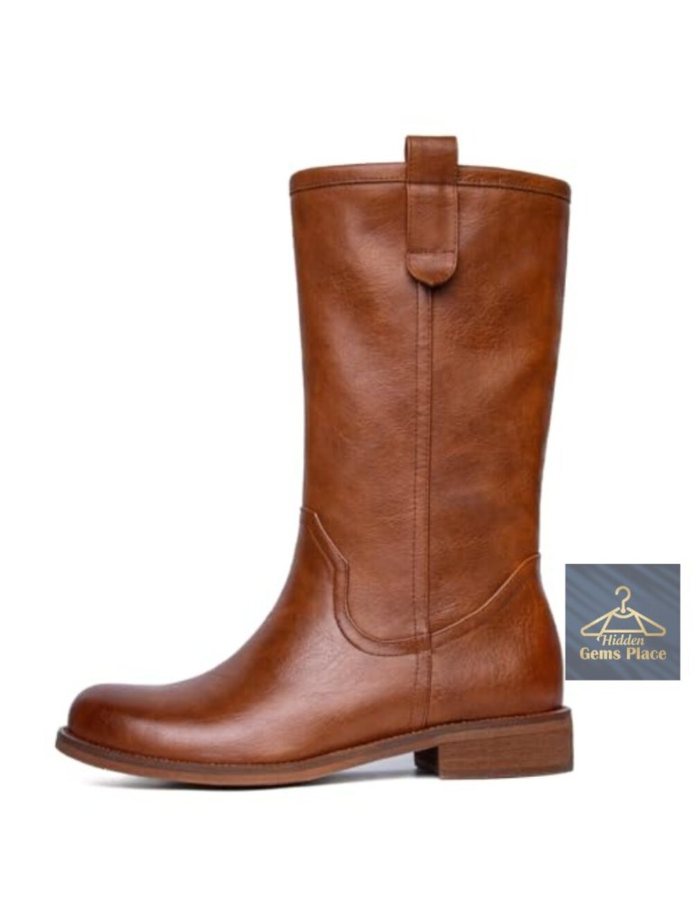 Mid Calf Boots Women Faux Leather Pull On Chunky Low Heel Round Toe
